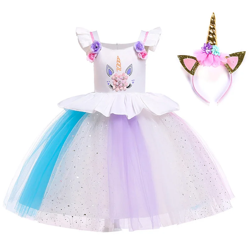 Multicolour Girls Cosplay Unicorn Dress Flying Sleeve Princess Girl Birthday Party Dresses Child Kids Halloween Costume | Детская одежда
