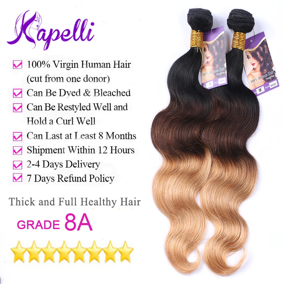 8A Malaysian virgin hair wigs for black women ombre body wave weave bundles 1B/4/27 Body Wave Ombre 3Pcs/Lot |