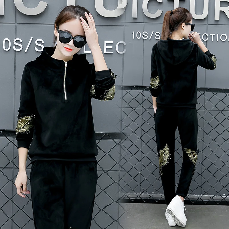 Женский спортивный костюм 2017 Модный комплект из 2 предметов Осень-зима вышивка