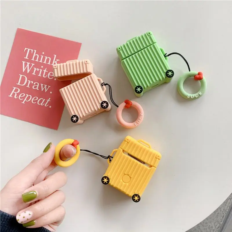 

Fashion Cute Suitcase Trunk Luggage Case For Apple Airpods 1/2 Earphone Protective Cover with Finger Ring Strap
