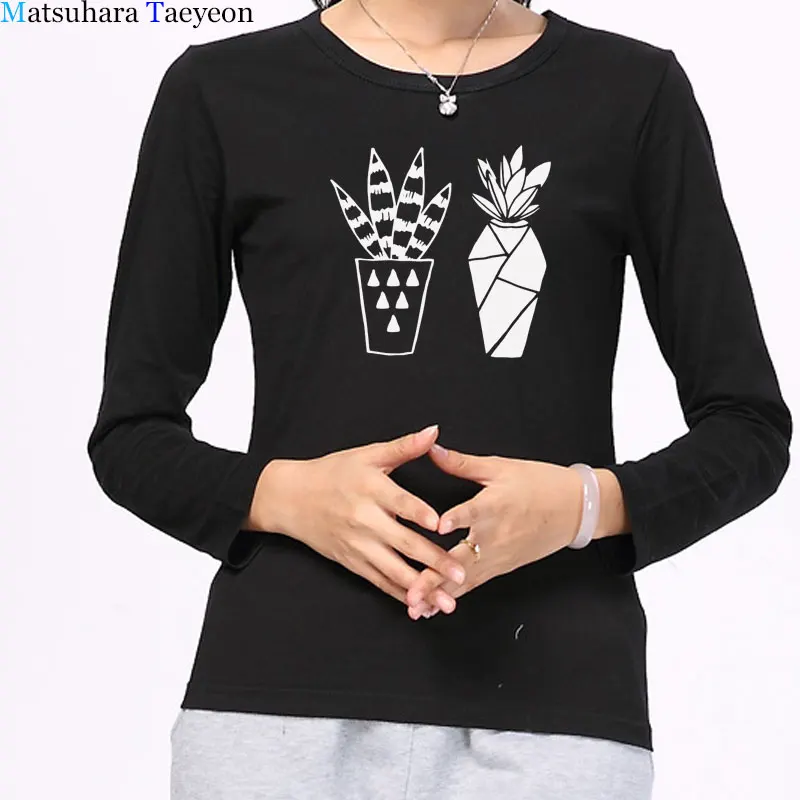 Женские футболки 2018 летние женские в горшках растения Повседневные С Длинным