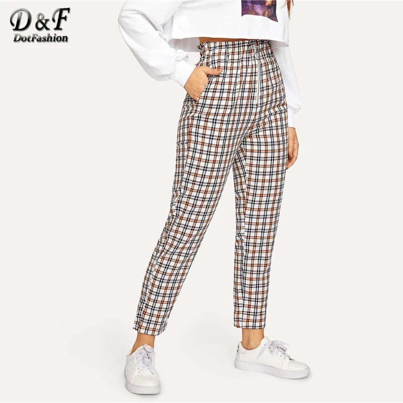 Dotfashion открытые клетчатые женские брюки на молнии, осенняя повседневная одежда, модные прямые брюки с бахромой и высокой талией