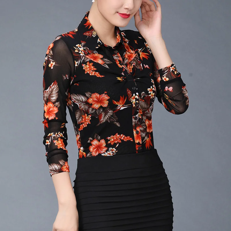 2019 Fall Spring Neww Arrival Woman Floral Print Slim Streth Mesh Cardigan Blouse Top Shirt , Women Long Sleeve Tops And Blouses