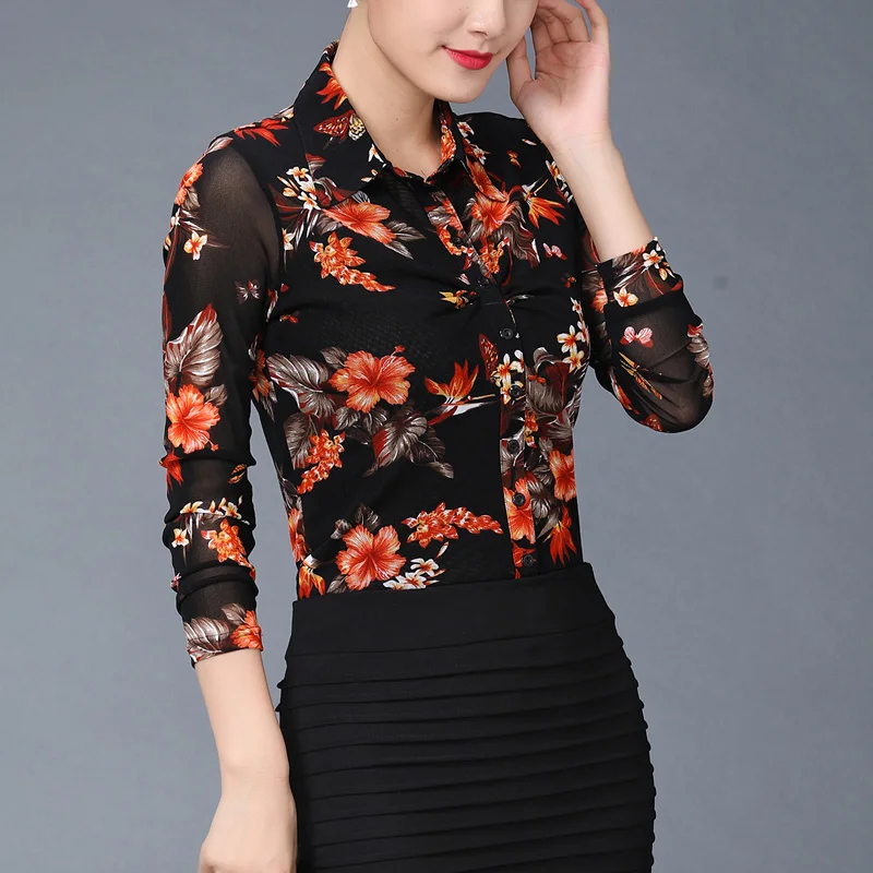 

2019 Fall Spring Neww Arrival Woman Floral Print Slim Streth Mesh Cardigan Blouse Top Shirt , Women Long Sleeve Tops And Blouses