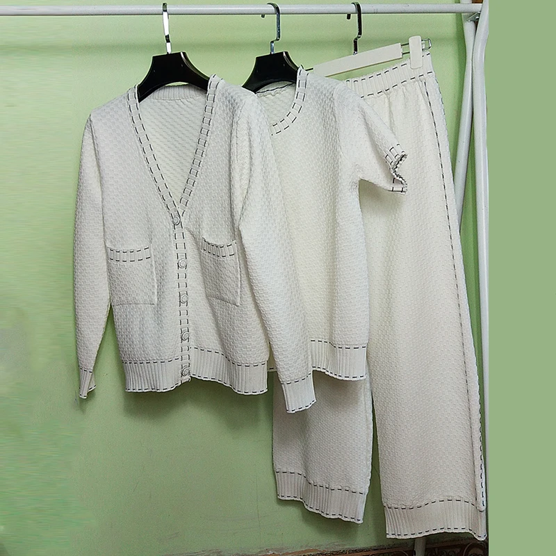 Temperament Sweater Wide leg pants 3 Piece Set female 2019 Autumn Winter New Jacquard Cardigan +short-sleeved Pullovers Sets |