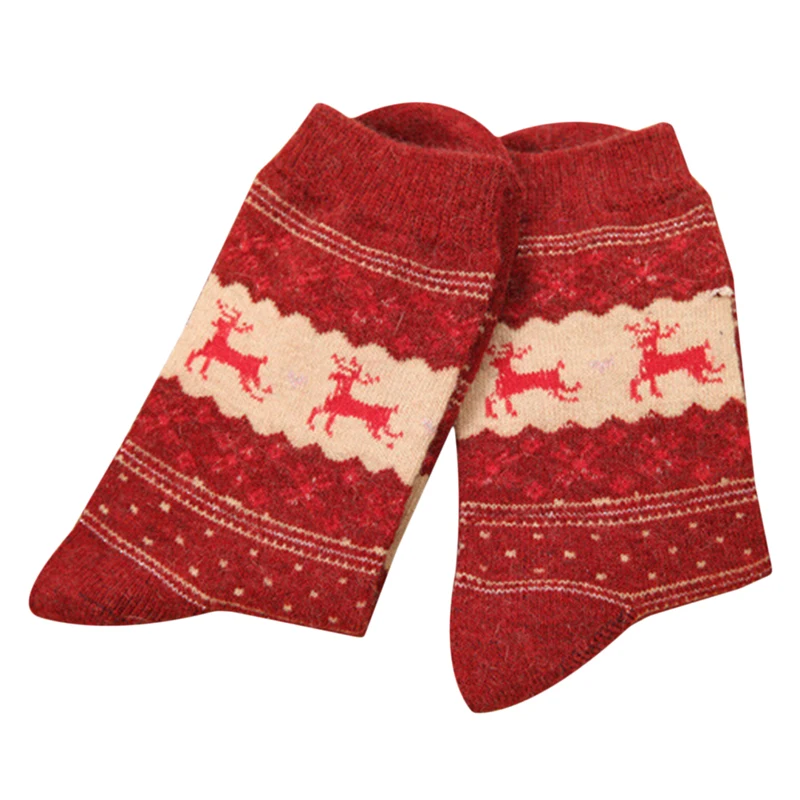 

1pair Winter Women Socks Warm Wool Christmas Mid-calf Socks Woolen Snowflake Deer Comfortable Gift