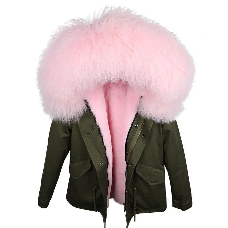 green pink Parka Real Fur Coat Winter Jacket Women Real Mongolia Sheep Fur Parkas Thick Warm Luxury Detachable Outerwear Streetwear - Цвет: green pink
