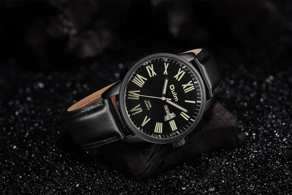 

OULM Fashion Minimalist Black Watch Men Leather Strap Date Week Display Waterproof Sports Mens Watches Top Brand Luxury Clock