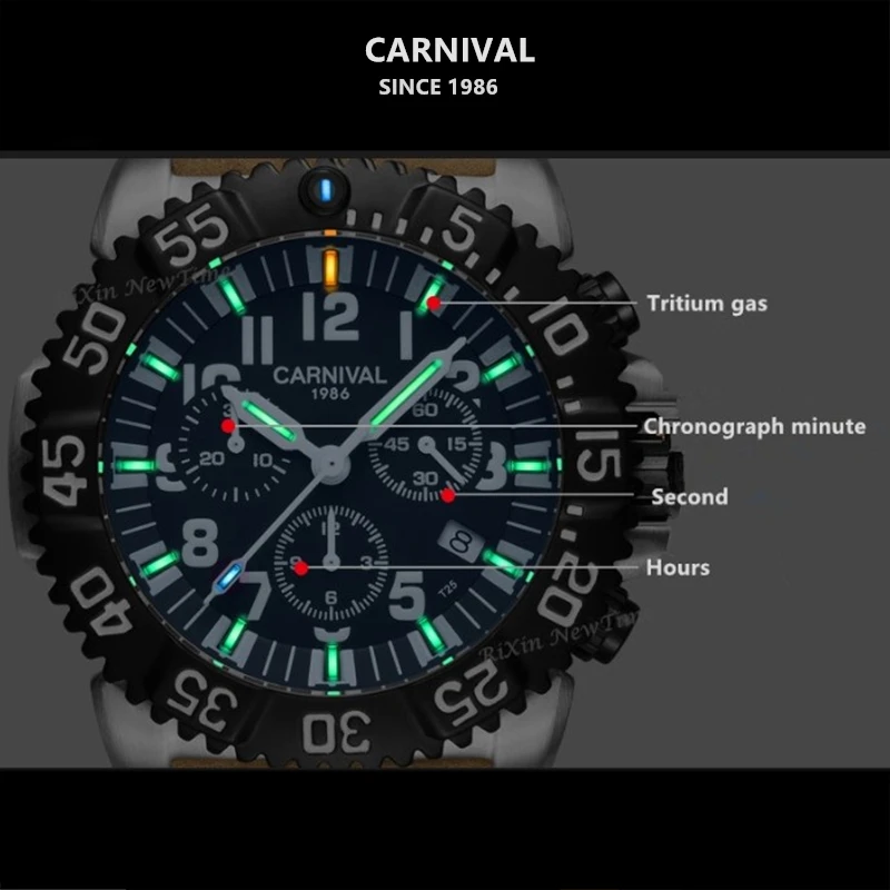 Хронограф T25 Тритий светящийся стоп часы для мужчин люксовый бренд Ronda кварцевые