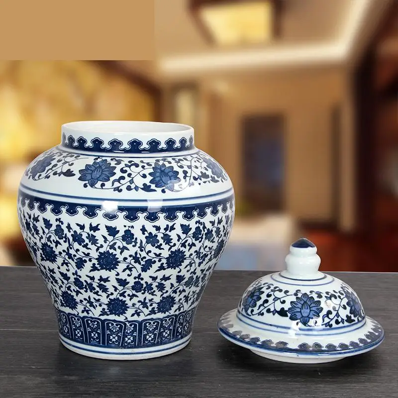 Jingdezhen Blue And White Porcelain temple Jar Antique Vase Large Storage jar Covered With Rice Pickle ceramic | Дом и сад