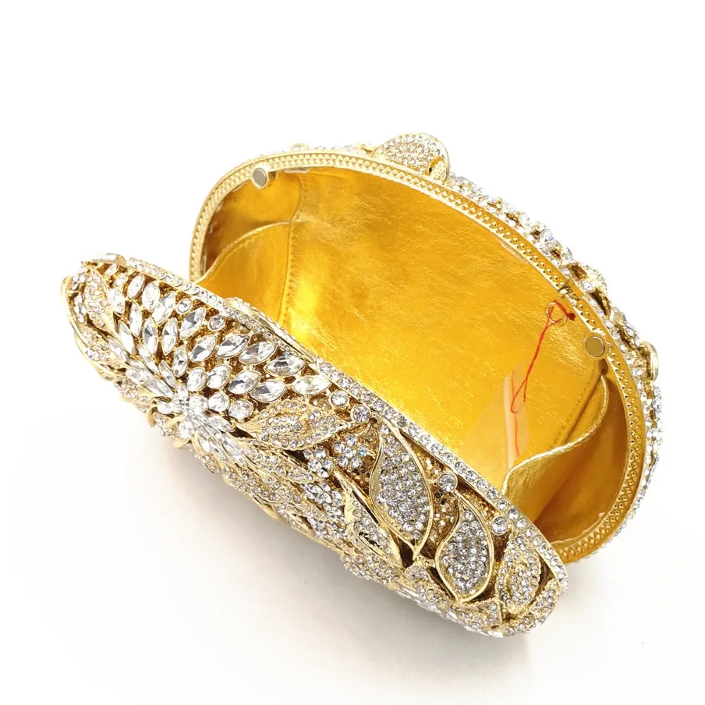 

IN Stock White Rhinestone Clutch Purse Gold Metal Leaves Women's Crystal Evening Handbags Luxury Lady Party Prom Mini Clutches