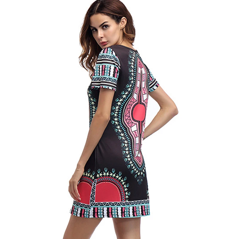 2017 летние винтажные инди-фолк-принтом мини-платье Boho Дамы О-образным вырезом с
