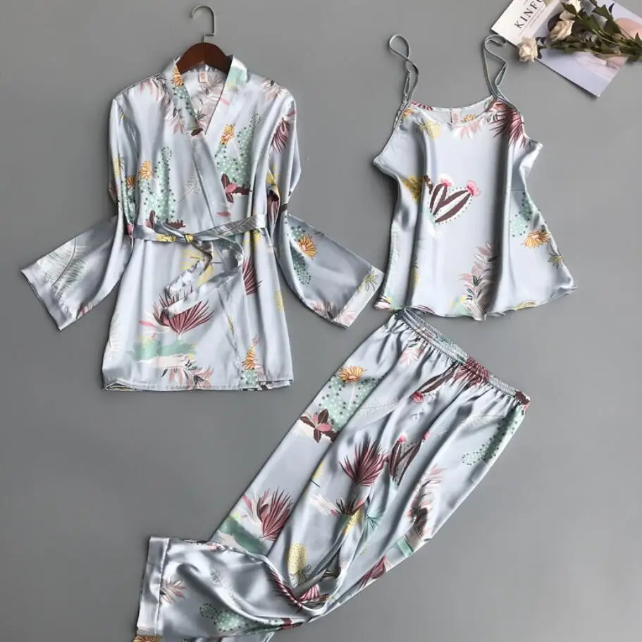 light blue yellow Набор женских халатов с принтом из 3 предметов на бретельках+ кардиган+ широкие штаны, набор, сексуальная пижама для женщин, женская пижама, одежда для сна 922 - Цвет: light blue yellow