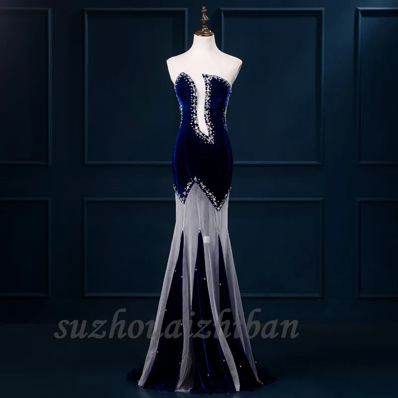 Sheer Neck Evening Dresses Tulle Velvet Crystal Beads Floor Length Vestido De Festa Backless Prom Dress Mermaid | Свадьбы и