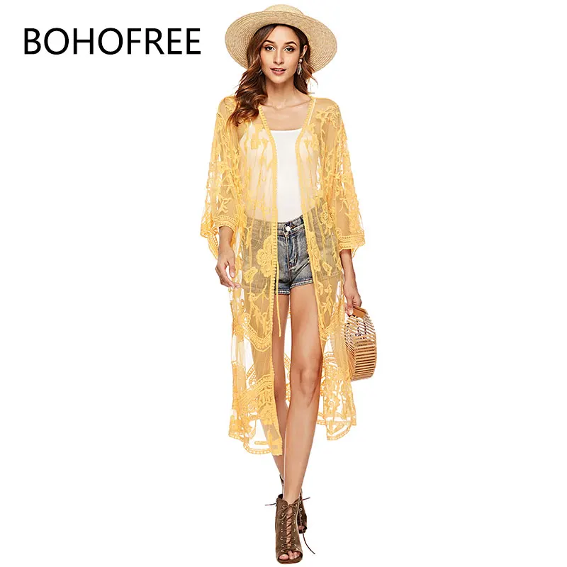 BOHOFREE длинное кимоно с цветочной кружевной вышивкой свободное пляжное макси