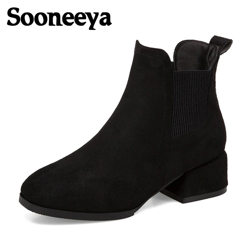Женские зимние ботинки Sooneeya Черные ботильоны для женщин на толстом каблуке без
