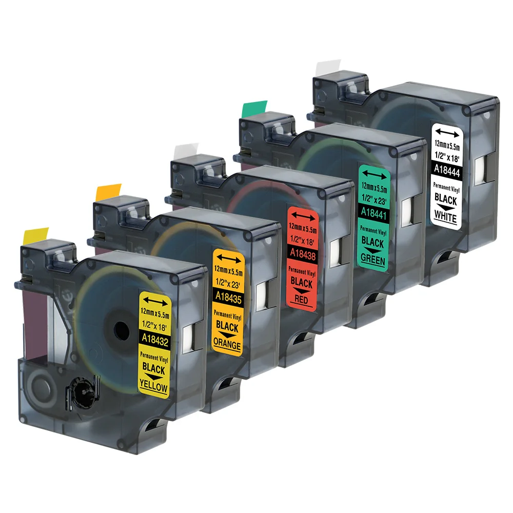 

5 шт., 12 мм * 5,5 м, совместимые с DYMO Rhino 4200 5200, промышленные перманентные виниловые этикетки, 18432, 18435, 18438, 18444, 18441