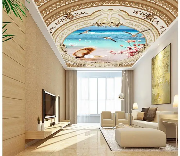Пользовательские 3d обои потолочные фрески Zenith sea beach shell cherry blossom ocean condole top dceor |