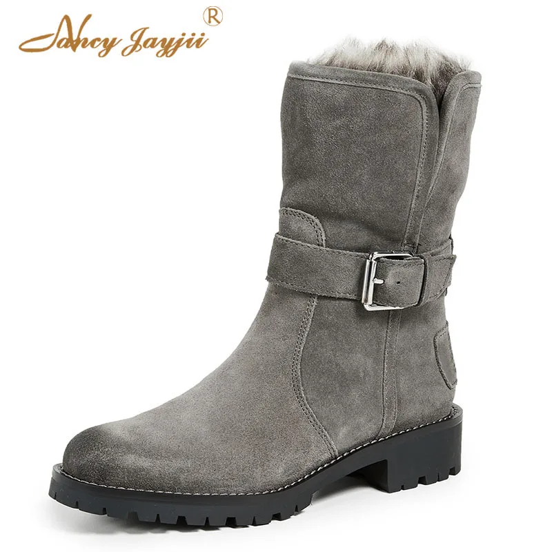 

Nancyjayjii Women’S Plush Warm Ankle Boots Grey Flock Strap Side Zipper Platform Low Chunky Heels 2021 Female Winter 42 Shoes