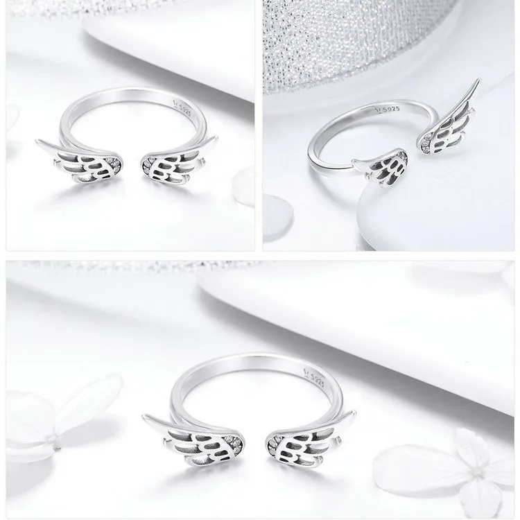 BISAER 925 Sterling Silver Open Size Angel Wings Feathers Adjustable Ring Finger Rings for Women Silver Wedding Jewelry ECR457