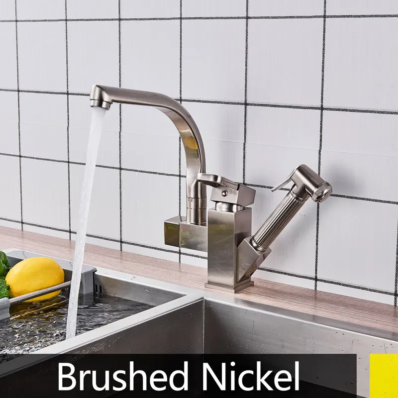 brushed nickel Золотой Матовый ОРБ Chrome Кухня Раковина кран смесителя одно отверстие Ванная комната кран Pull Out Спрей вращающийся бортике кран - Цвет: brushed nickel