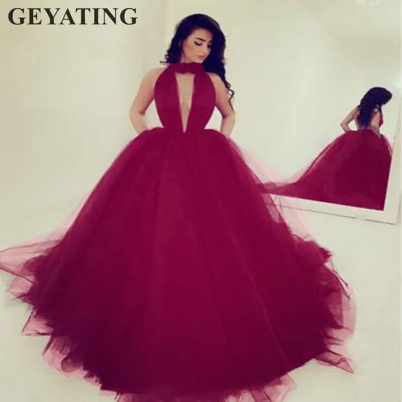 Hot Pink Сексуальное черное Тюлевое длинное вечернее платье, бальное платье принцессы с открытой спиной и лямкой на шее, элегантное фиолетовое красное торжественное платье Vestidos - Цвет: Hot Pink
