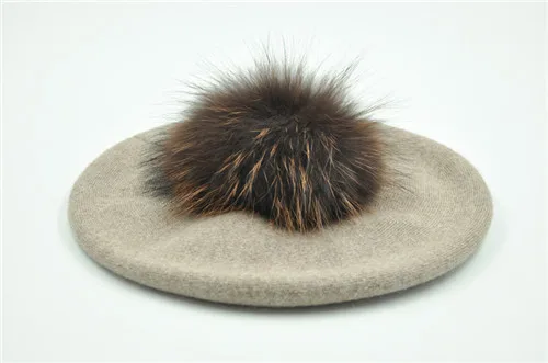Khaki match fur Женские береты, шапка, зимние женские Повседневные вязаные шерстяные береты с натуральным мехом енота, весенние женские одноцветные береты, шапки - Цвет: Khaki match fur