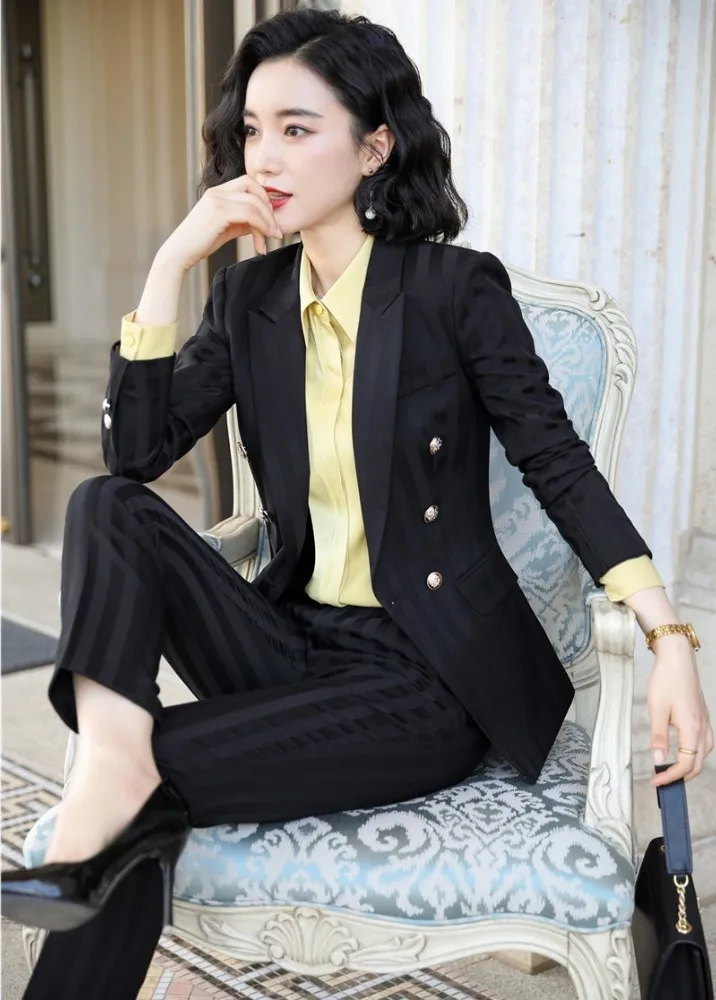 High Quality Fabric Novelty Wine Striped Women Business Suits with Pants and Blazer Coat Autumn Winter Professional Pantsuits