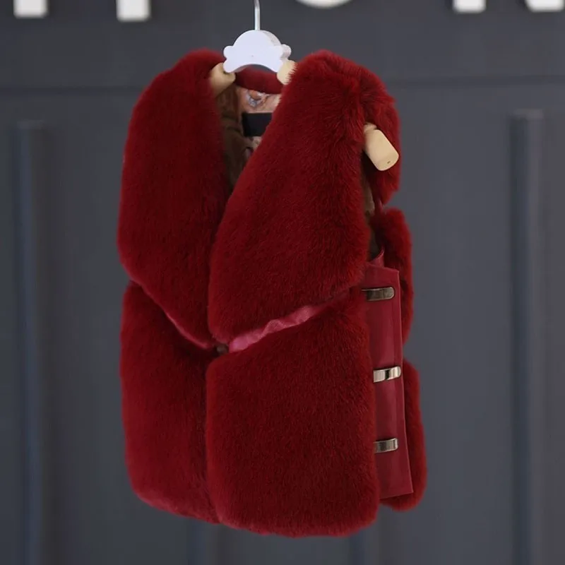 red vest coats Рождественский жилет для девочек с искусственным лисьим мехом; сезон осень-зима толстый детский жилет Меховая одежда для малышей Куртки красного, розового, черного, зеленого, синего цвета - Цвет: red vest coats