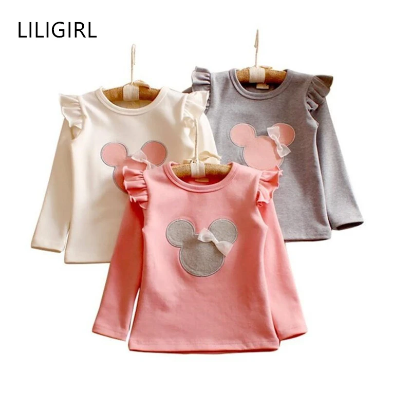 LILIGIRL/Милая футболка для маленьких девочек; Новинка года; Весенняя футболка с длинными рукавами и оборками для маленьких девочек; Детские футболки с Микки Маусом; топы; одежда