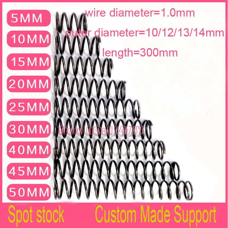 

5pcs 1*10/12/13/14*300mm series spot spring 1.0mm wire compression pressure springs spring OD=10/12/13/14mm
