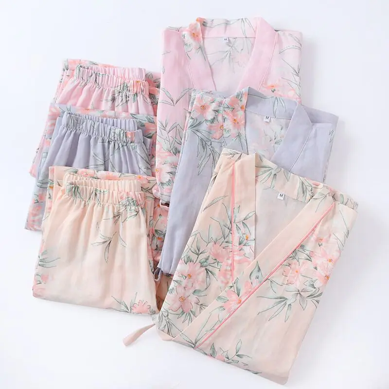 Spring New Comfort Japanese Kimono Pajamas Set Ladies Flower Gauze Cotton Thin Sweat Steaming Suit Cardigan Home Service
