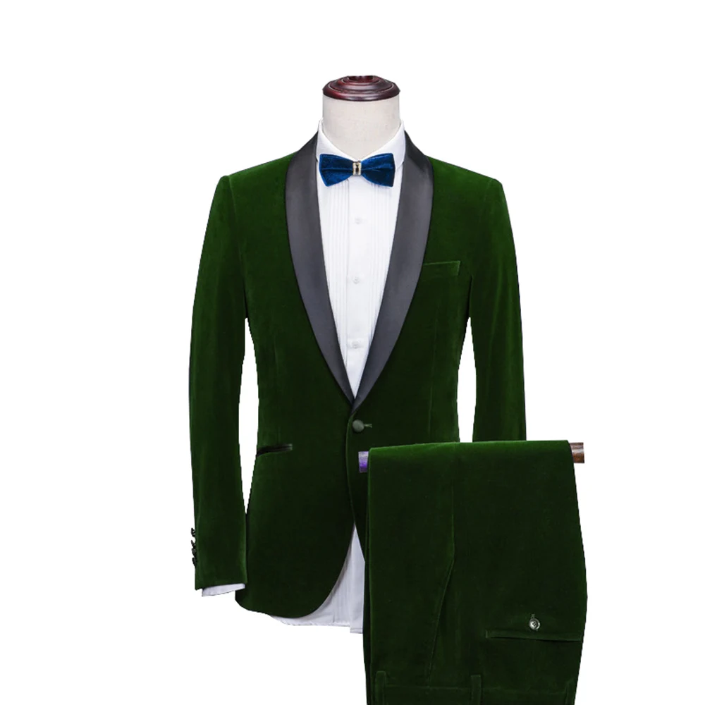 Мужские костюмы Шаль Воротник из 2 предметов Slim Fit синий бордовый черный зеленый костюм мужской Бархатный смокинг пиджак для свадьбы(Блейзер+ брюки+ галстук - Цвет: green