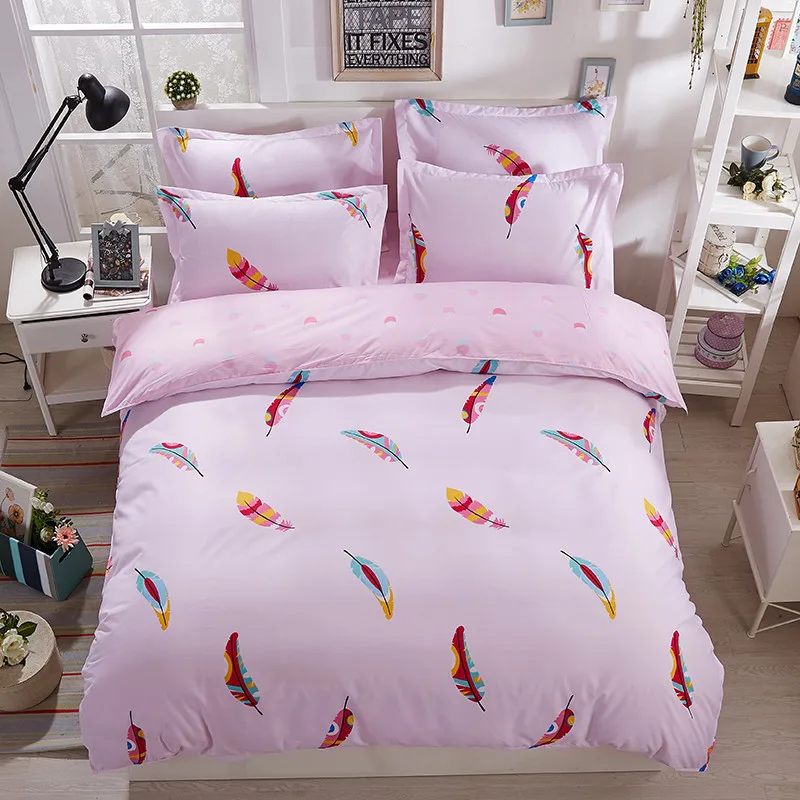 Цветной розовый рисунок с перьями 3/4 шт. Комплект постельного белья пододеяльник