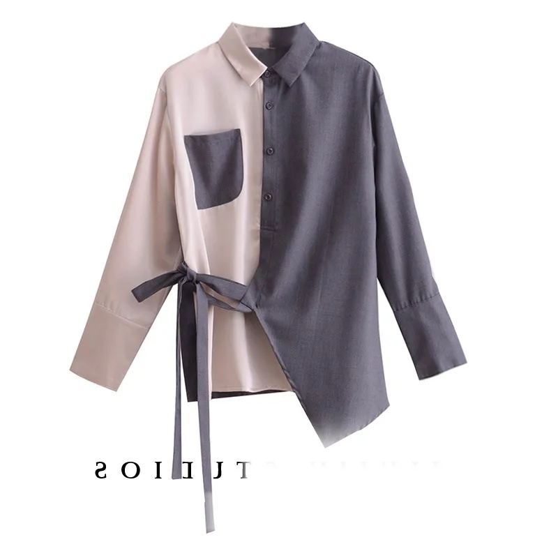 Блузка контрастных цветов с галстуком бабочкой на шнуровке свободная