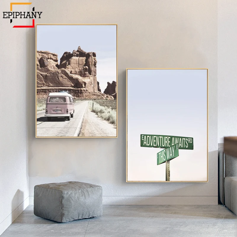 Bus Wall Art Canvas Painting Adventure Awaits Travel Posters and Prints Nordic Boho Pictures for Living Room | Дом и сад