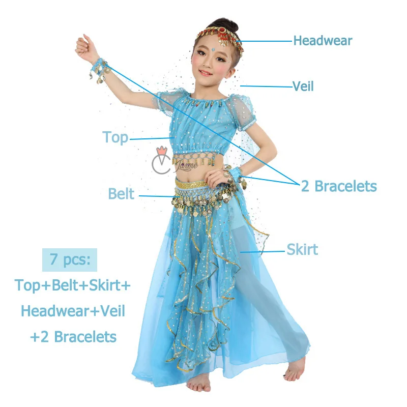 Light Blue 7 pcs Стиль Дети танец живота костюм для восточных танцев костюмы для танцоров одежда индийские танцевальные костюмы для детей из 3 предметов, 7 шт./компл - Цвет: Light Blue 7 pcs