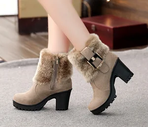 Женские ботинки на квадратном каблуке, зимние классические ботинки с пряжкой, теплые меховые ботинки, Черные ботильоны на платформе, 2019