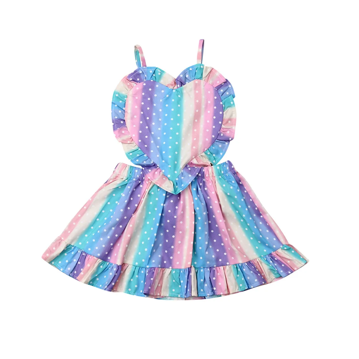 Cute Toddler Baby Girls 1-5Y Dress Love Colorful Rainbow Striped Ruffles Strap Romper Summer Outfit Clothes | Детская одежда и