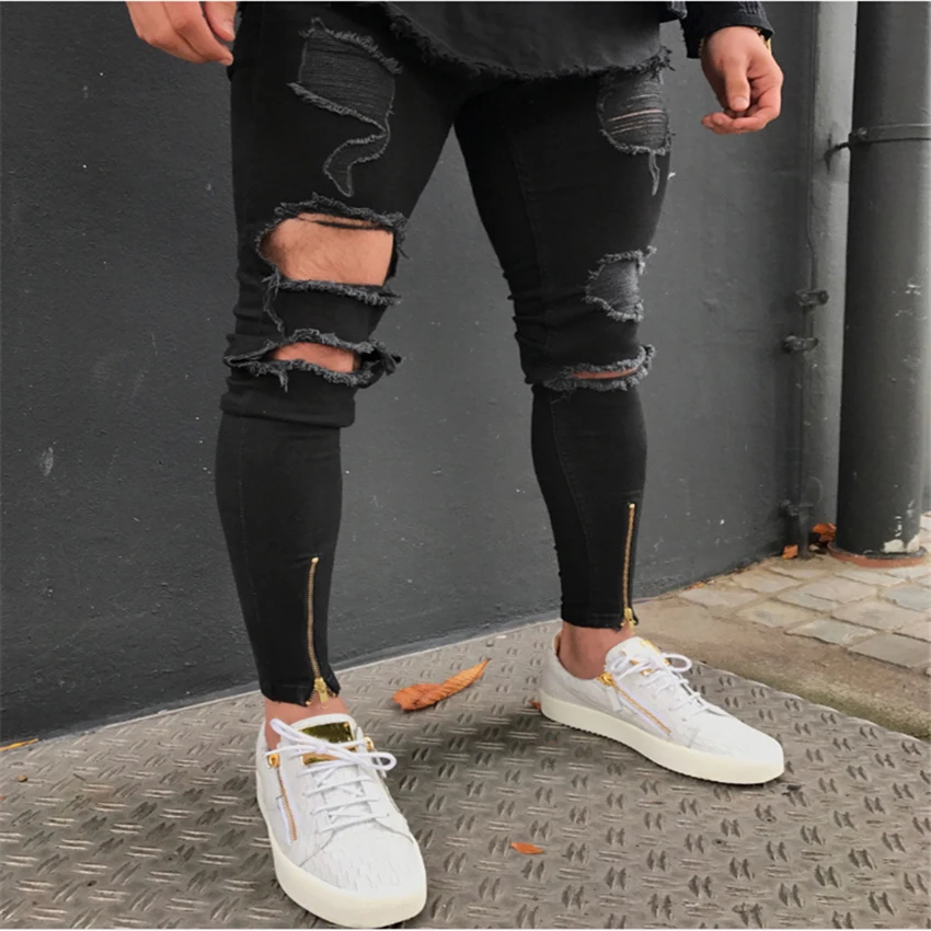 SHOKOTANO Рваные джинсы для Для мужчин хип-хоп черные обтягивающие Slim Fit байкер Jogger
