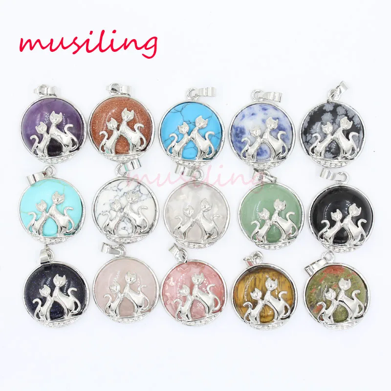 

Two Cats With Moon Pendants Pendulum Natural Stone Silver Plated Charms Mascot Reiki Amulet Jewelry For Women Wholesale 10Pcs