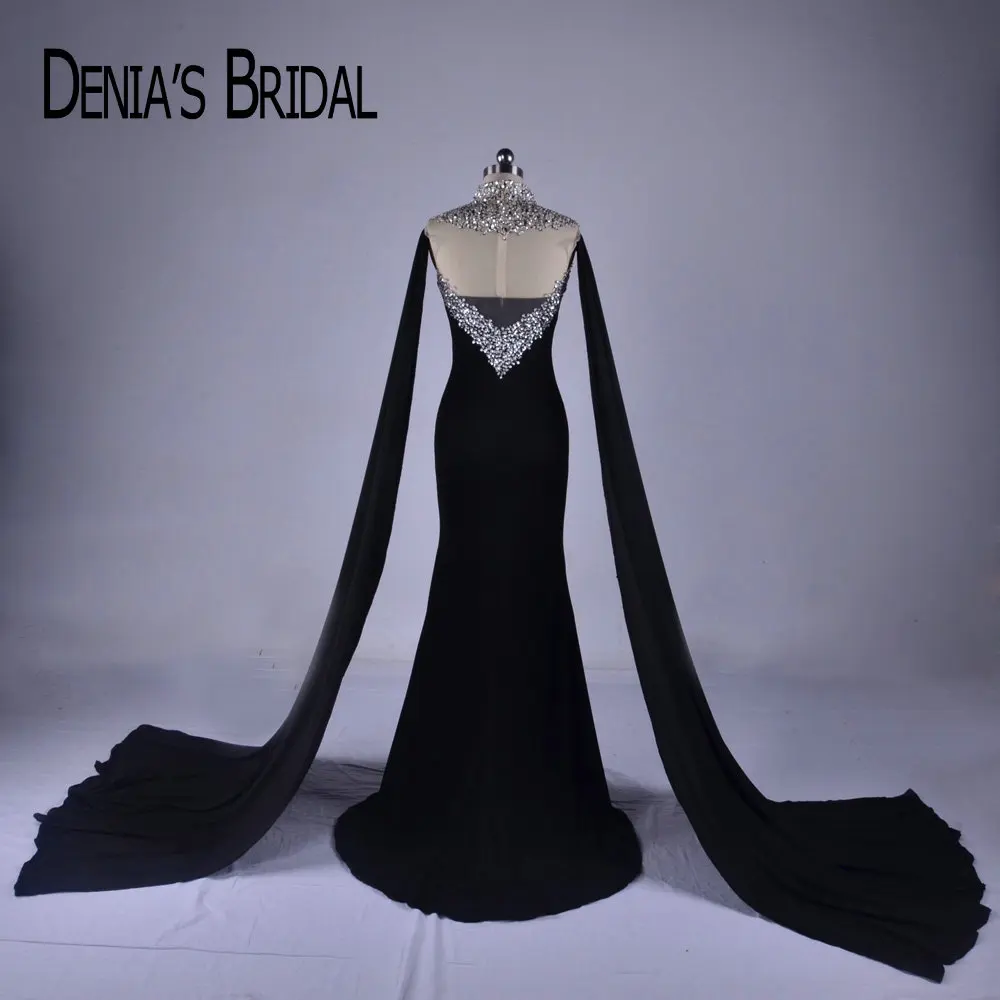 2020 Black High Neck Evening Dresses Real Image Mermaid Beaded Sequins Sweep Train Gowns | Свадьбы и торжества