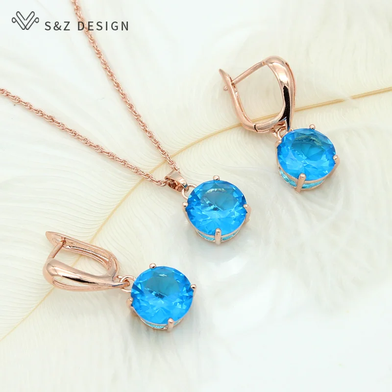 sea blue S& Z классический большой круглый кубический цирконий Висячие серьги ювелирный набор 585 розовое золото для женщин девушек свадебный подарок - Окраска металла: sea blue