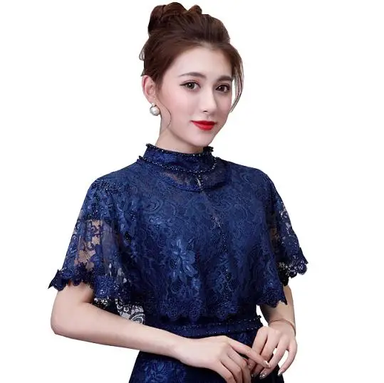 navy blue round neck Голубой, черный, красный мягкий кружевной женский плащ Высокий Низкий отвесный Лето Осень Свадебные выпускного вечера вечерние обёрточная свадебная одежда подружки невесты накидка шаль - Цвет: navy blue round neck