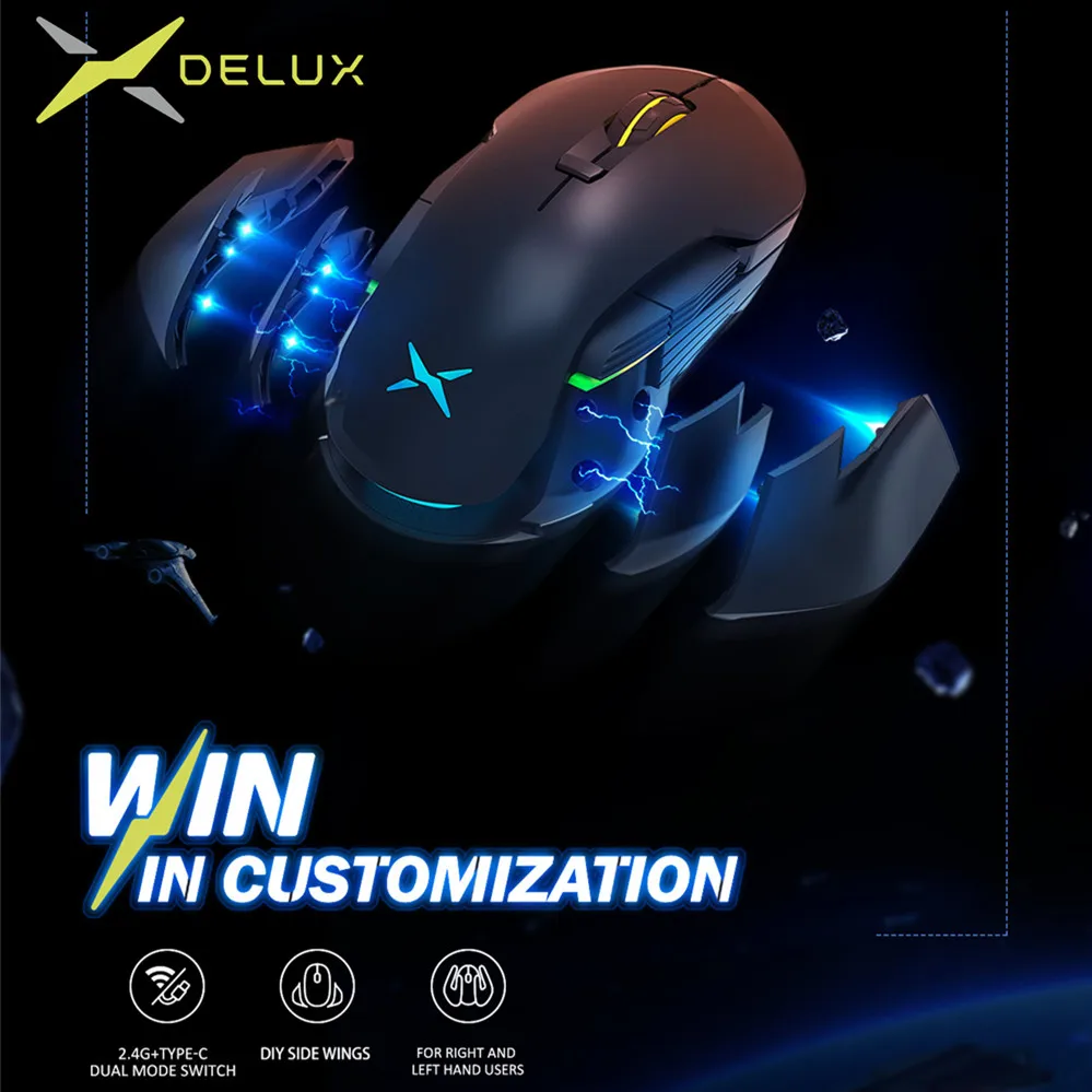 Delux M627 DIY Side Wings wireless Gaming Mouse 16000 DPI 8 Buttons RGB Optical Left and Right hand Mice For PC Game User