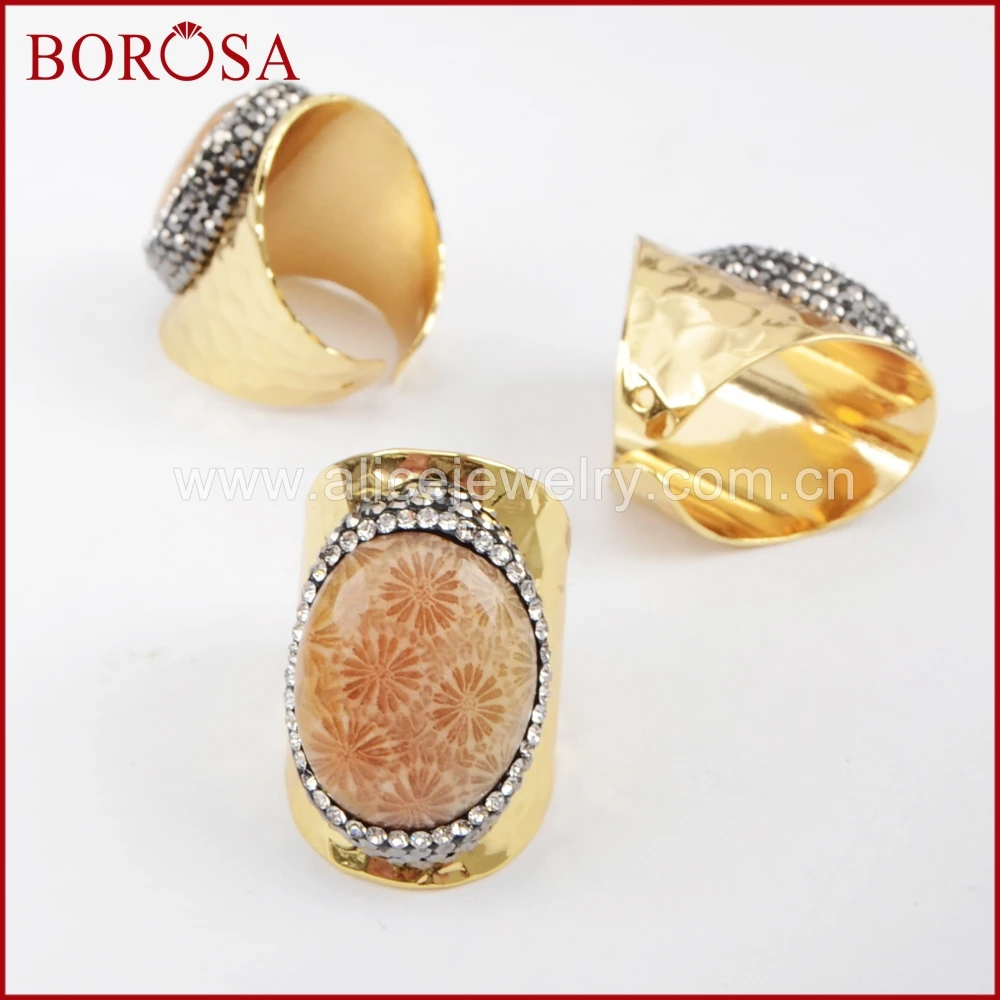 BOROSA 10 шт. кольца с хризантемой стразы натуральным кораллом Золотое кольцо