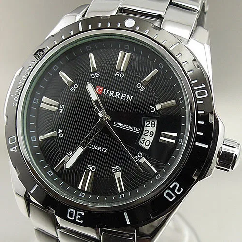 2016 Новый роскошный Кварц час Дата воды черный серебристый Спорт Стиль Мужские