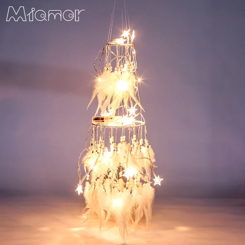 

Handmade White Double Dreamcatchers Pendant With light & Without light Bar & Wedding & Home Hanging Decor Christmas gift Amor100