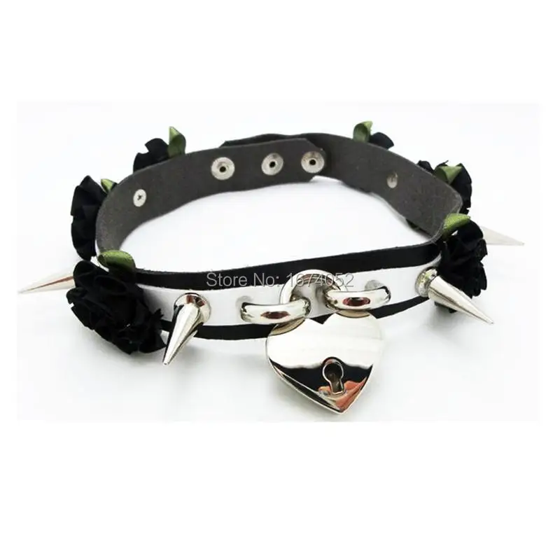 Handmade Double Layered Leather Spikes Choker Necklace Safe Heart Shaped Lock Key Collar Charm Pendant | Украшения и аксессуары