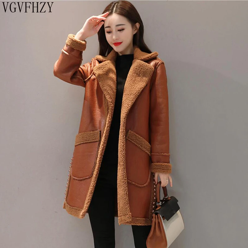 

Woolen Winter Jacket Coats Women's Thick Imitation PU Leather Coats 2018 Fashion Warm Lamb Wool Coats female plus size outerwear